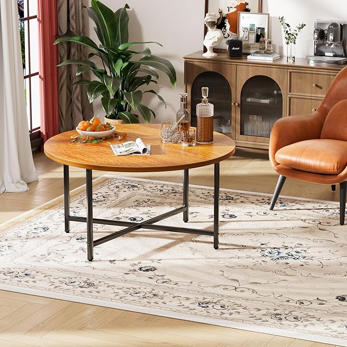 Round Coffee Table, 31.5" Circle Coffee Table,Modern Round Coffee Tables Living Room, Large Coffee Table Round for Indoor & Outdoor Use, Office, Patio or Garden, Warm Brown (31.5" D*17.7" H)