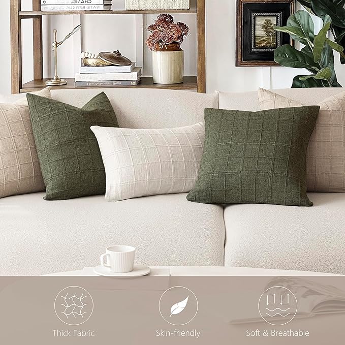 Foindtower Set of 2 Decorative Linen Check Throw Pillow Covers Neutral Farmhouse Lumbar Cushion Covers Modern Boho Home Decor for Sofa Chair Couch Bedroom Living Room Outdoor,12×20 Inch,Natural Linen