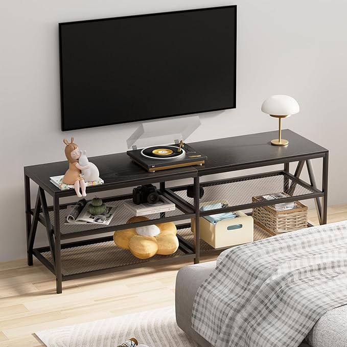 TV Stand for TVs up to 65 Inch, 55" Long Industrial TV Console Table with 3-Tier Storage Shelves, Entertainment Center for Living Room, Bedroom (Black)