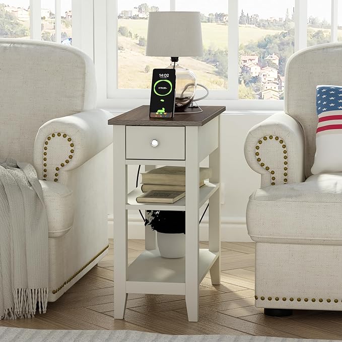 ChooChoo Farmhouse end Table Living Room Set of 2, Sofa Side Table Living Room with Charging Station,Narrow Night Stand with USB Ports & Power Outlets and Hidden Drawer