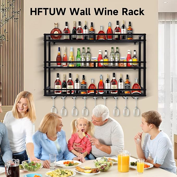 Metal Wine Rack Wall Mounted, Bar Shelves for Liquor Bottles with LED Light, 3 Tier Large Capacity Liquor Rack Wall Mounted with Glass Holder for Home Bar & Dining Room (Gold, 71in/180cm)
