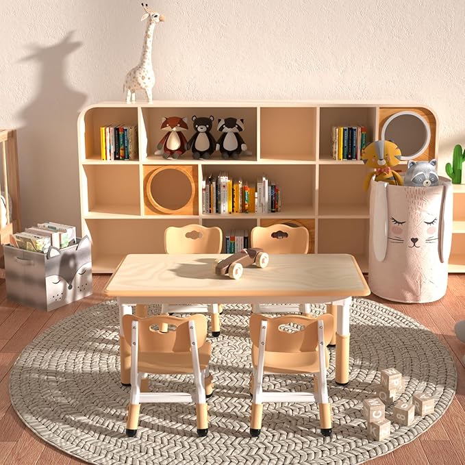 Kids Table and 4 Chairs Set,Height Adjustable Children Table & Chair,Toddlers Study Multi-Activity Table with 47.2"x23.6" Wipe-Clean Desktop,for Classrooms, Homes & Daycares