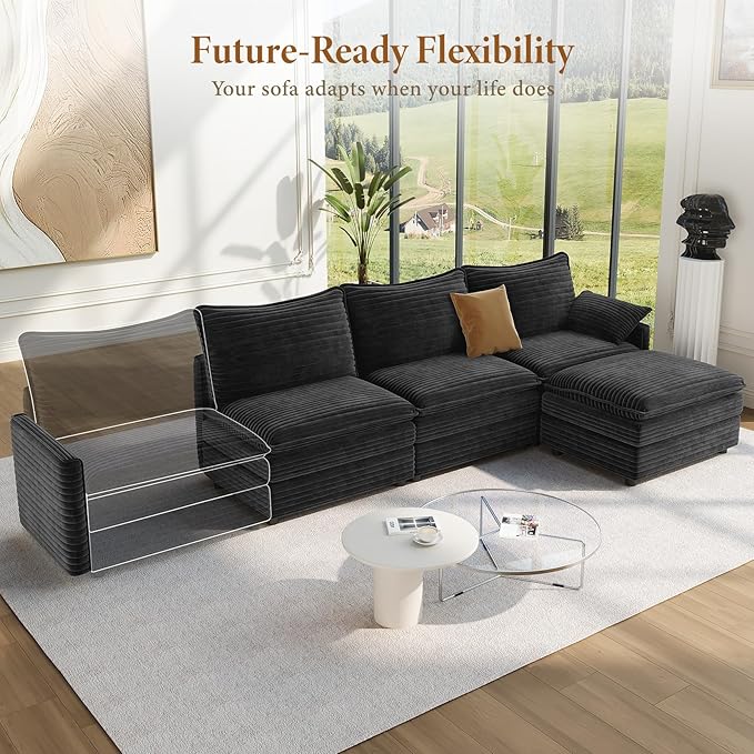 Vesgantti 108" Modular Sectional Sofa, Comfy Cloud Couch with Movable Ottoman Deep Seat Corduroy L Shaped Modular Sofa, Sectional Couches for Living Room, Bedroom and Apartment, Gray