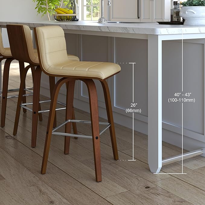 Armen Living Vienna 26" Swivel Counter Stool in Walnut Wood Finish with Cream Faux Leather - Set of 2