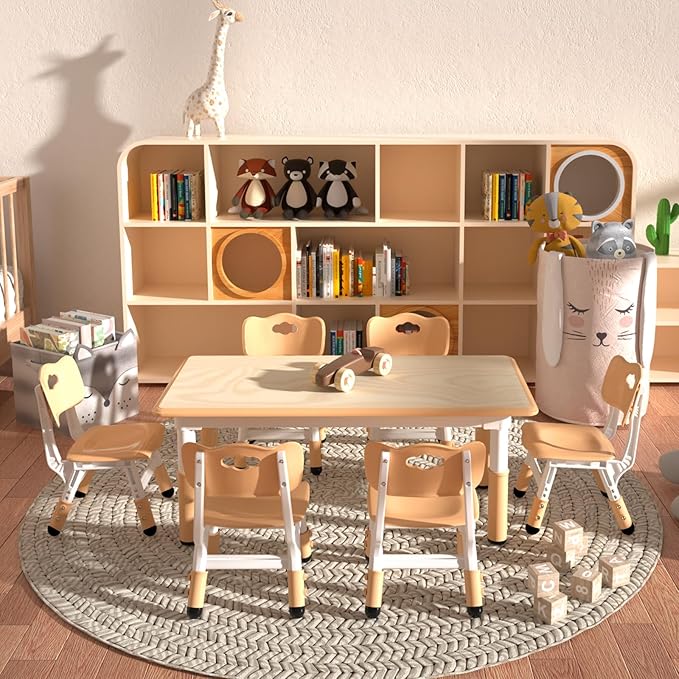 Kids Table and 6 Chairs Set,Height Adjustable Children Table & Chair,Toddlers Study Multi-Activity Table with 47.2"x23.6" Wipe-Clean Desktop,for Classrooms, Homes & Daycares