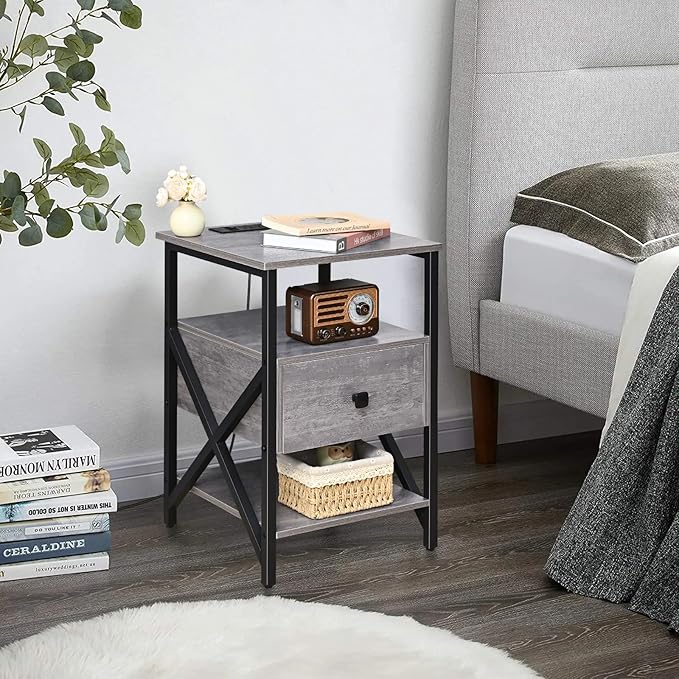 End Tables with Charging Station, Grey Charging Side Table Bedside Table with Outlets, Night Stands with Wood Drawer, Nightstand with Storage for Bedroom, Living Room