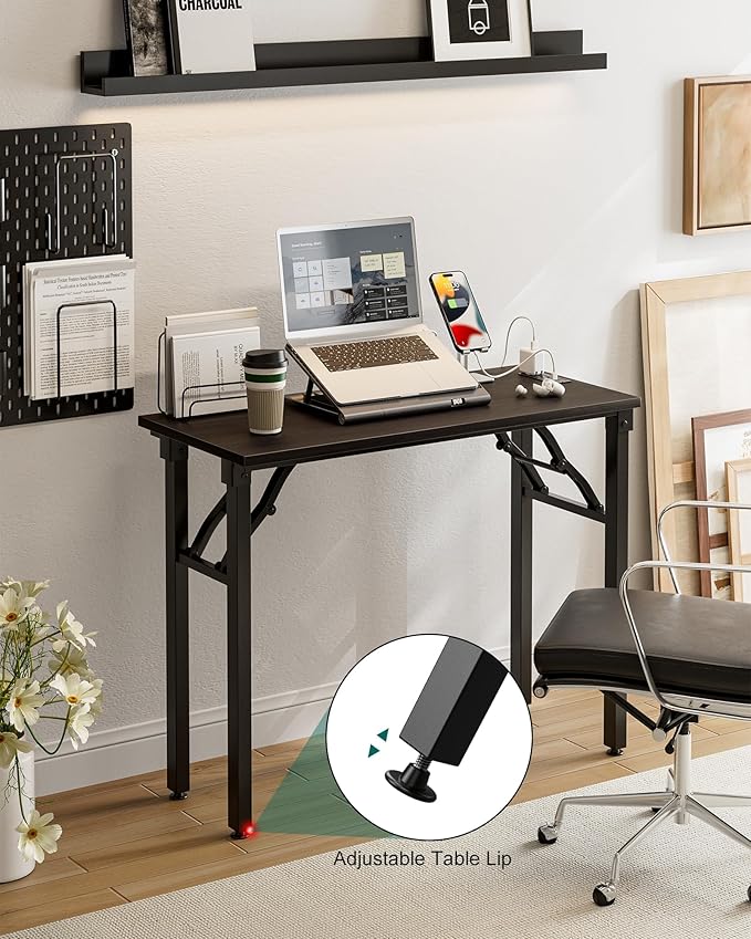 Frylr Small Folding Computer Desk β 35.8 Inch Portable Table for Craft and Study, Lightweight Desk for Small Spaces, Foldable Laptop Table Built-in AC/USB Outlets for Convenience, Charcoal Wenge