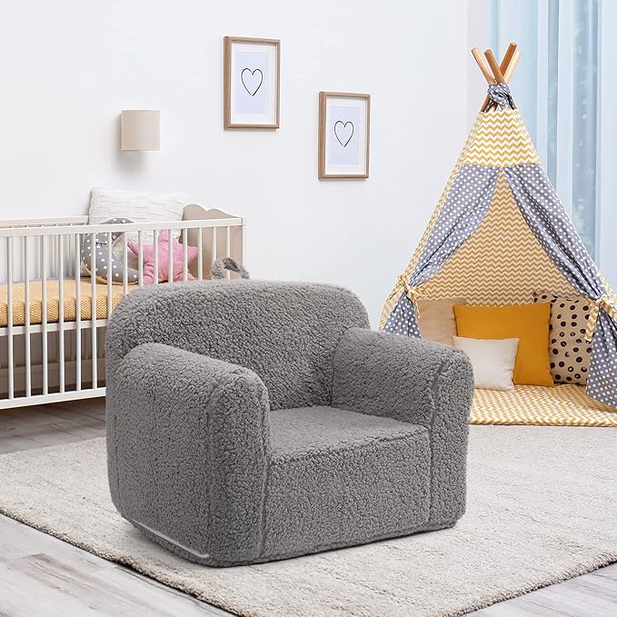 ALIMORDEN Kids Ultra-Soft Snuggle Foam Filled Chair, Toddler Cuddly Sherpa Reading Couch for Boys and Girls, Grey