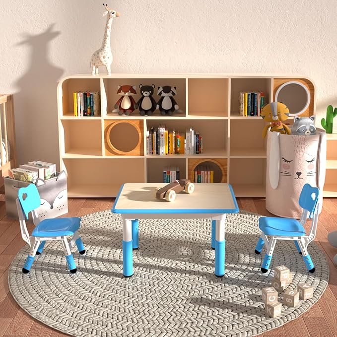Kids Table and 2 Chairs Set,Height Adjustable Children Table & Chair,Toddlers Study Multi-Activity Table with 31.5"x23.6" Wipe-Clean Desktop,for Classrooms, Homes & Daycares