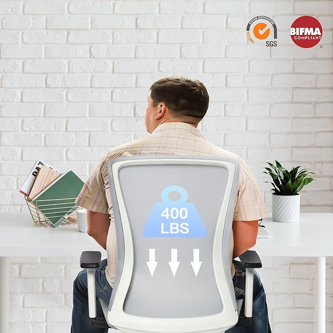 Office Chair, Mesh Desk Chair Executive Computer Chair, 400lbs Big and Tall Office Chair for Heavy People, Home Office Desk Chair with Lumbar Support &Adjustable Height, White