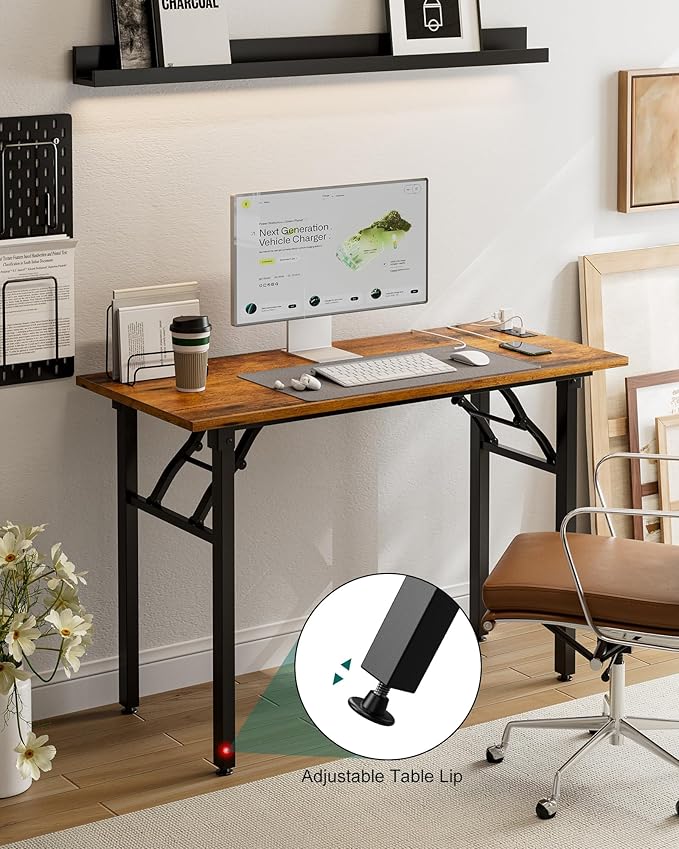 Frylr Small Folding Computer Desk β 43.3 Inch Portable Table for Craft and Study, Lightweight Desk for Small Spaces, Foldable Laptop Table Built-in AC/USB Outlets for Convenience, Rustic Brown