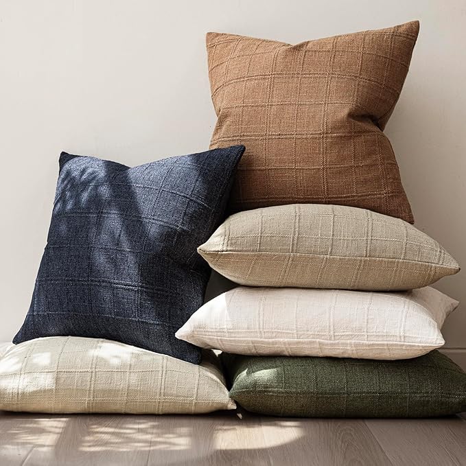 Foindtower Set of 2 Decorative Linen Check Throw Pillow Covers Neutral Farmhouse Vintage Cushion Covers Modern Boho Home Decor for Sofa Chair Couch Bedroom Living Room Outdoor,24×24 Inch,Navy Blue