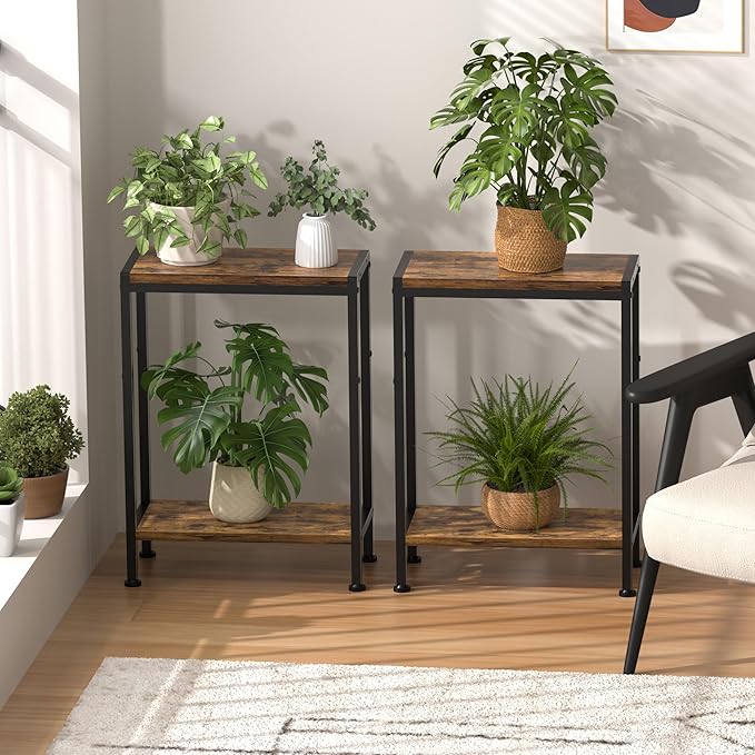 Narrow Side Table for Small Space Set of 2, 2-Tier Small End Table with Shelf Holder, Slim Nightstand, Skinny Snack Couch Table in Living Room, Bedroom, Study, Kitchen and Balcony(Rustic Brown