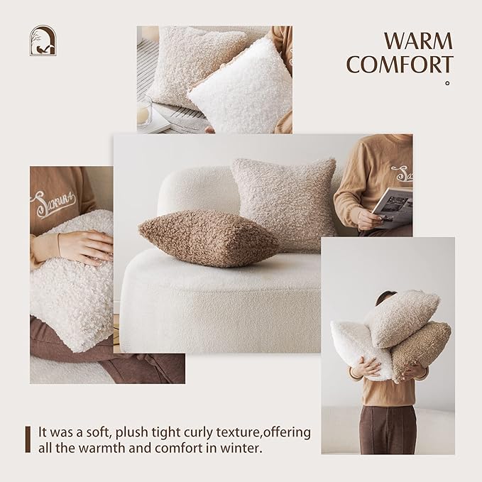 Foindtower 2 Pieces 20x20 Inch White, Faux Fur Throw Pillow Cover Accent Sherpa Pillow Fuzzy Soft Pillowcases Sheepskin Decorative Fleece Cushion Case for Bed Couch Living Room