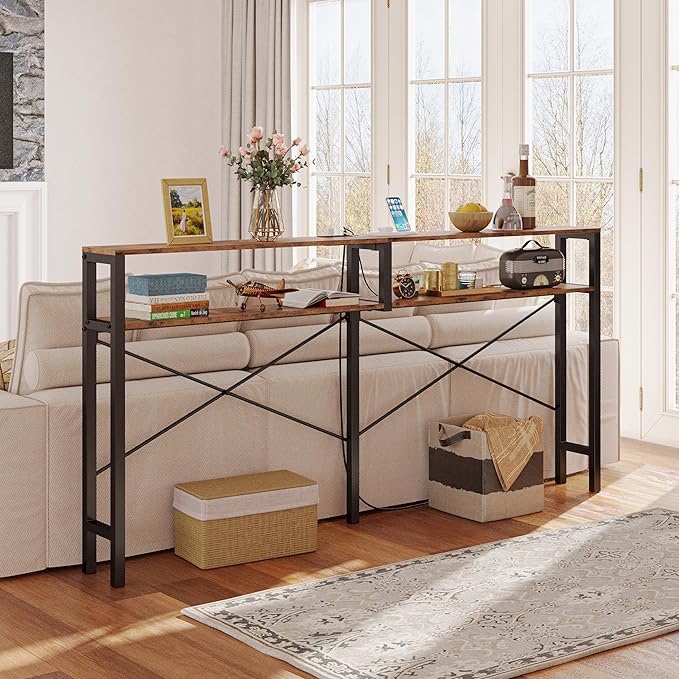 IRONCK Console Table with Power Outlet, Long Sofa Table with Shelves and X-Shaped Design, Narrow Sofa Entryway Behind Couch Table for Living Room and Hallway, Vintage Brown