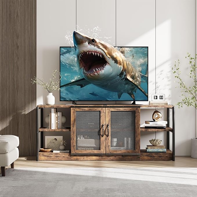 GarveeHome Farmhouse TV Stand for 65/75 inch TV, Entertainment Center with Storage Cabinet, Industrial TV Console Cabinet with Mesh Doors, 63" Rustic TV Media Console Table for Living Room, Vintage