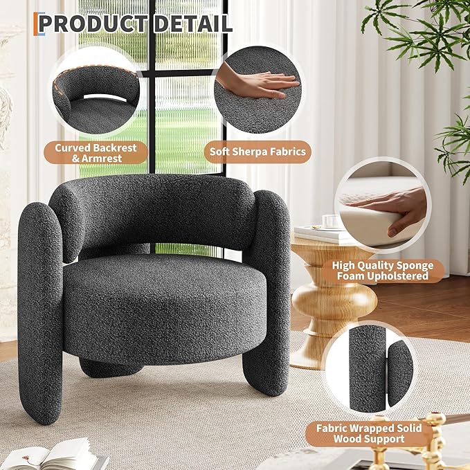 Modern Chenille Accent Armchair, Mid-Century Upholstery, Round Corners for Living Room, Bedroom, Office, or Cafe,Grey