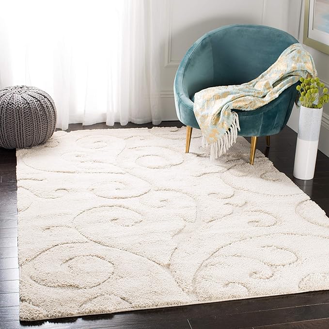 SAFAVIEH Florida Shag Collection Area Rug - 9'6" x 13', Creme & Creme, Scroll Design, Non-Shedding & Easy Care, 1.2-inch Thick Ideal for High Traffic Areas in Living Room, Bedroom (SG455-1111)