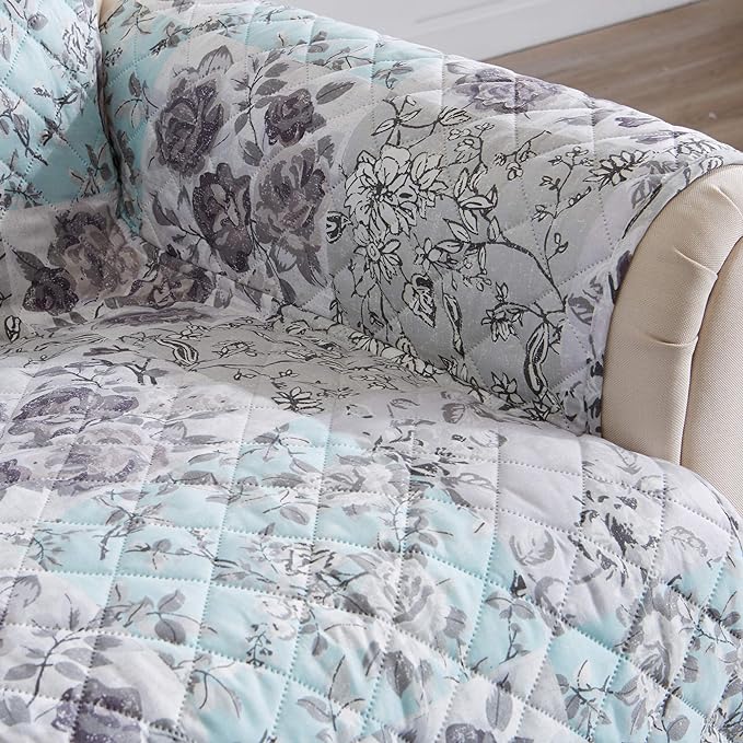 Reversible Floral Patchwork Furniture Protector Scalloped Edge Stain Resistant Printed Furniture Protector Maribel Collection (Sofa, Gray/Aqua)