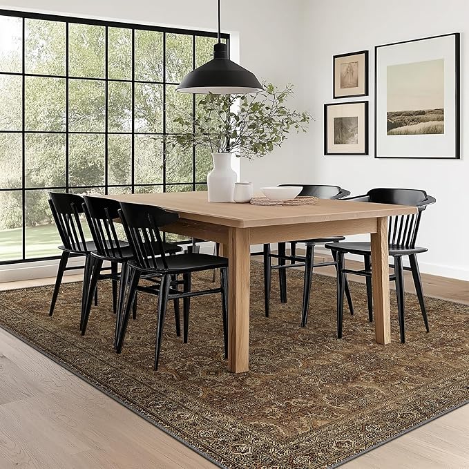10X12 Area Rugs Machine Washable Rugs for Living Room, Vintage Boho Large Rugs for Bedroom Dining Room, Non Slip Indoor Soft Distressed Lightweight Thin Low Pile Carpet, Rustic Brown