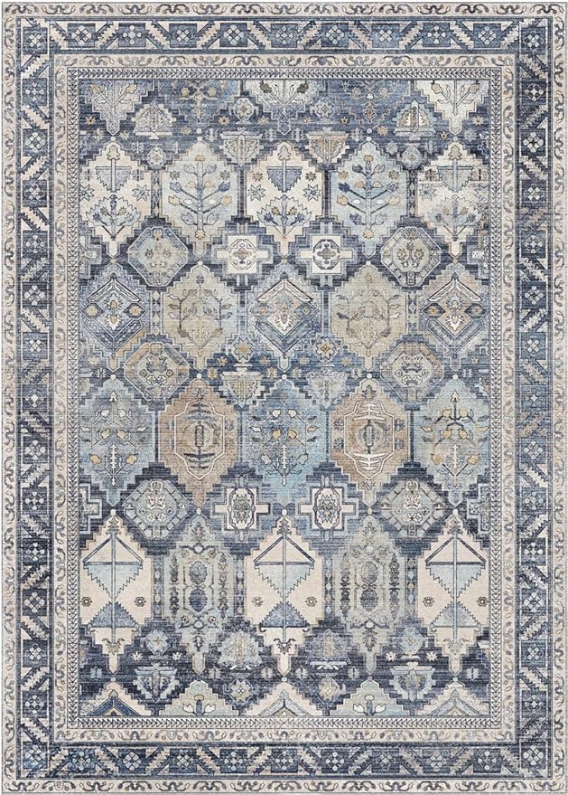 GENIMO 8x10 Area Rugs for Living Room, Machine Washable Non Slip Vintage Rugs, Low Pile Lightweight Chenille Print Rug for Bedroom, Dining Room, Home Office, Brown Blue