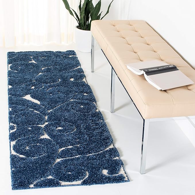 SAFAVIEH Florida Shag Collection Runner Rug - 2'3" x 19', Dark Blue & Cream, Scroll Design, Non-Shedding & Easy Care, 1.2-inch Thick Ideal for High Traffic Areas in Living Room, Bedroom (SG455-6511)