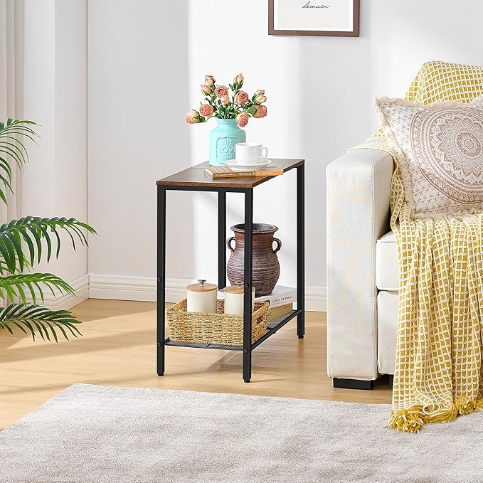 Hoctieon 2 Tier End Table, Sofa Side Table, Narrow Side Table with Storage, Slim Nightstand for Small Spaces, Metal Frame, for Living Room, Bedroom, Sofa Couch, Hall, Rustic Brown