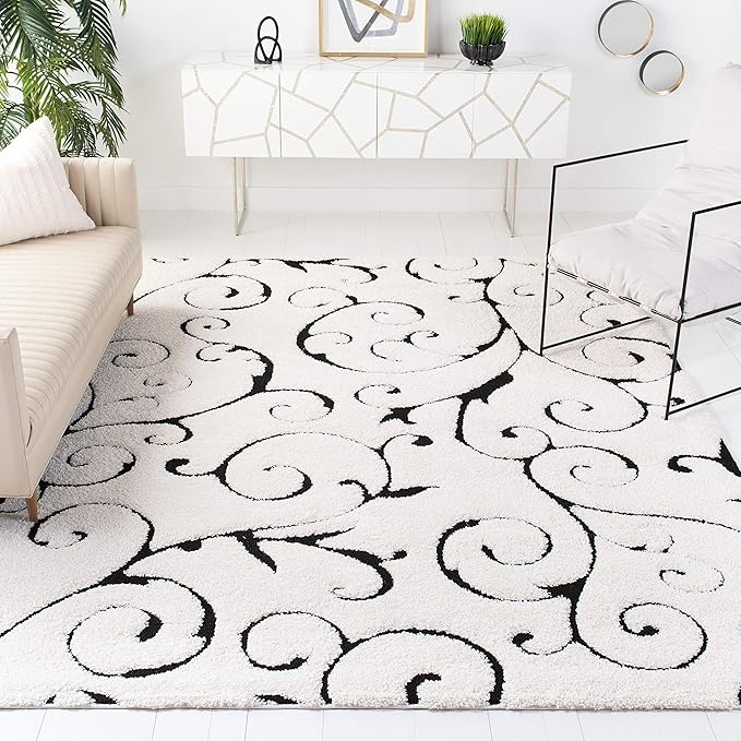 SAFAVIEH Florida Shag Collection X-Large Area Rug - 11' x 15', Ivory & Black, Scroll Design, Non-Shedding & Easy Care, 1.2-inch Thick Ideal for High Traffic Areas in Living Room, Bedroom (SG455-1290)