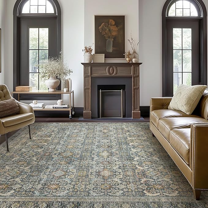 9X12 Area Rugs Machine Washable Rugs for Living Room, Vintage Boho Large Rugs for Bedroom Dining Room, Non Slip Indoor Soft Distressed Lightweight Thin Low Pile Carpet, Terracotta