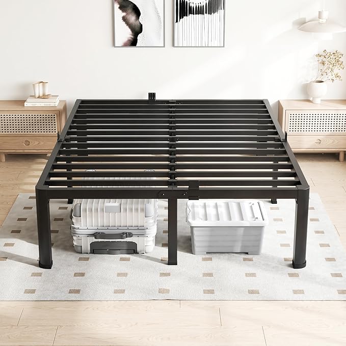 16 Inch Full Size Bed Frame, 3500Lbs Heavy Duty Metal Platform with Round Corner Legs Mattress Slide Stopper, Steel Slat Support No Box Spring Needed, Noise Free, Non-Slip, Easy Assembly