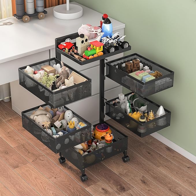 Rolling Rotating Storage Cart No Assembly Required,Bathroom Shelf Fruit and Vegetable Basket for Kitchen,Storage Drawer Organizer Cart ,Metal Utility cart on Wheels(Black, 5 Tier-Square)