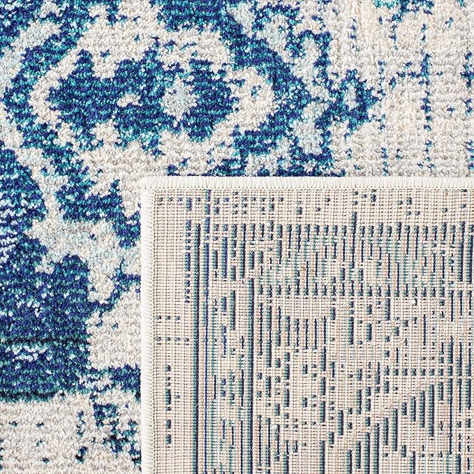 SAFAVIEH Monaco Collection Accent Rug - 4' x 5'7", Ivory & Blue, Boho Medallion Distressed Design, Non-Shedding & Easy Care, Ideal for High Traffic Areas in Entryway, Living Room, Bedroom (MNC243A)