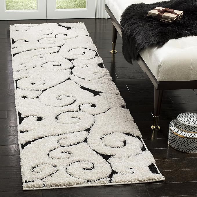 SAFAVIEH Florida Shag Collection Runner Rug - 2'3" x 21', Ivory & Black, Scroll Design, Non-Shedding & Easy Care, 1.2-inch Thick Ideal for High Traffic Areas in Living Room, Bedroom (SG455-1290)