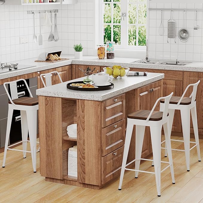 WENTMENT Bar Stools Set of 4 Counter Height Bar Stools Metal Barstools with Removable Back 26" Kitchen Bar Stools with Wooden Seat, White