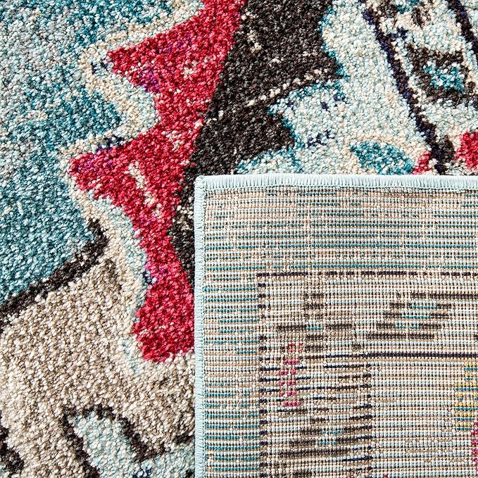 SAFAVIEH Monaco Collection Area Rug - 8' x 10', Light Blue & Fuchsia, Boho Chic Medallion Distressed Design, Non-Shedding & Easy Care, Ideal for High Traffic Areas in Living Room, Bedroom (MNC243J)