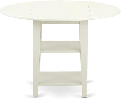 East West Furniture SUDA5-LWH-W 5 Piece Dining Room Furniture Set Includes a Round Kitchen Table with Dropleaf & Shelves and 4 Dining Chairs, 42x42 Inch, Linen White