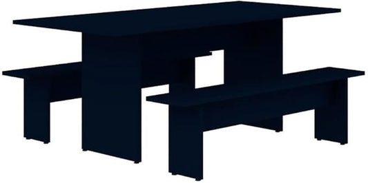 Manhattan Comfort Nomad 3 Piece Dining Set for 6 with Modern Kitchen Table and 2 Benches, Farmhouse Furniture with Rustic Wood Grain Finish, Pedestal Base, Easy Assembly, Midnight Blue