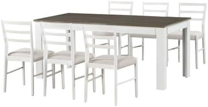 SogesHome 7-Piece Dining Table Set for 6-8 People, Extendable Solid Rubber Wood Kitchen Table with Leaf & 2 Storage Drawers, Chairs with Soft Cushion, Perfect for Kitchen, Dining Room (Brown + White)