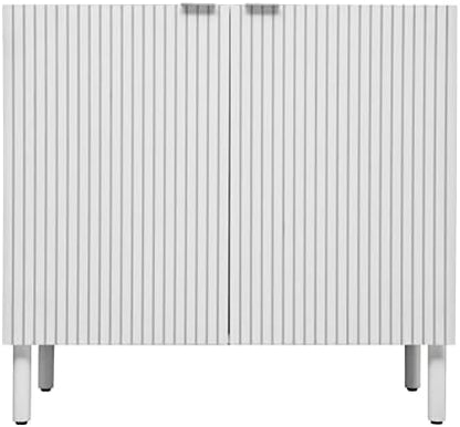 Sango Merk 2-Door Cabinet, Modern White Storage Cabinet with Vertical Groove Doors, Adjustable Shelf, Cylindrical Wood Legs, Discreet Metal Finger Pulls, Stylish Furniture for Living or Dining Room