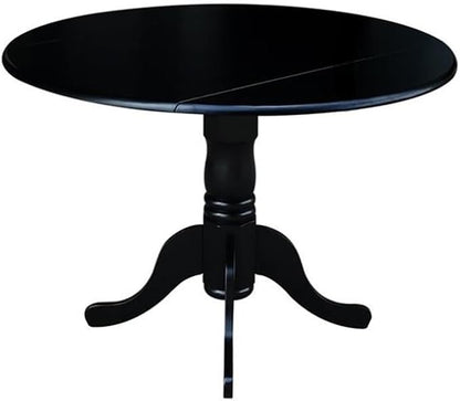 IC International Concepts, 42" Round Dual Drop Leaf Pedestal Dining Table, Solid Wood, Real Parawood, 42" W x 42" D x 29.5" H, Easy Assembly, Black