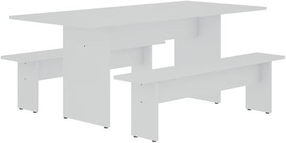 Manhattan Comfort Nomad 3 Piece Dining Set for 6 with Modern Kitchen Table and 2 Benches, Farmhouse Furniture with Rustic Wood Grain Finish, Pedestal Base, Easy Assembly, White
