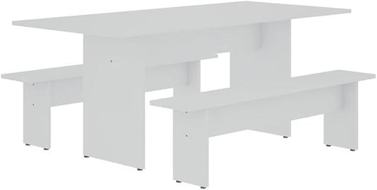 Manhattan Comfort Nomad 3 Piece Dining Set for 6 with Modern Kitchen Table and 2 Benches, Farmhouse Furniture with Rustic Wood Grain Finish, Pedestal Base, Easy Assembly, White