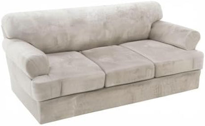 H.VERSAILTEX Sofa Cover 4 Piece T Cushion Sofa Slipcovers Thick Velvet Couch Cover Stretch T Cushion Sofa Covers for 3 Cushion Couch with 3 Individual T Cushion Covers Washable, Oatmeal