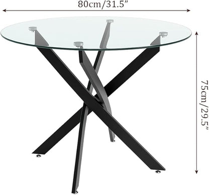Glass Dining Table Modern Kitchen Table with Black Metal Legs 32 Inch Small Round Dining Table for Apartment Kitchen Dining Room