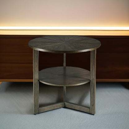 Large Round End Table with Storage Shelf, Rustic Beside Tables with Umbrella Top,Traditional Circular Sofa Side Table, 25.2”D Telephone Table for Living Room Easy Assembly Brushed Black CJZ3338BK