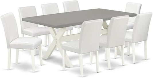East West Furniture X097AB264-9 9 Piece Dining Table Set Includes a Rectangle Kitchen Table with X-Legs and 8 White Faux Leather Parson Dining Room Chairs, 40x72 Inch, Multi-Color