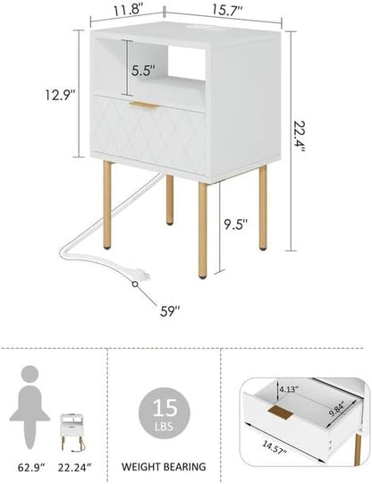Nightstand,Morden Bedside Table with Gold Frame,Small White Night Stand,End Table,Bedside Furniture,Side Table with Drawer and Shelf for Bedroom,Living Room (1Drawer, White-Outlet-pane)