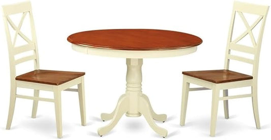 East West Furniture HLQU3-BMK-W 3 Piece Dining Room Table Set Contains a Round Kitchen Table with Pedestal and 2 Dining Chairs, 42x42 Inch, Buttermilk & Cherry