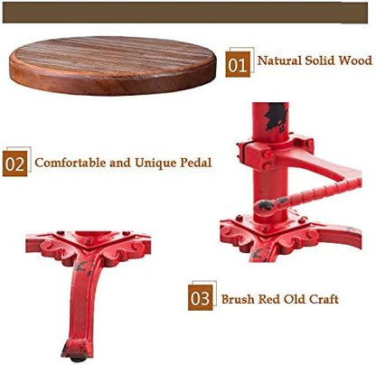 Topower Industrial Retro Vintage Farm Wooden Tractor Stool Kitchen Swivel Height Adjustable bar Stool (Antique Red)