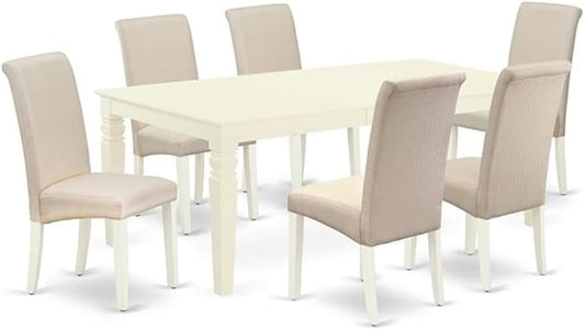 East West Furniture LGBA7-LWH-01 7 Piece Dining Table Set Consist of a Rectangle Dining Room Table with Butterfly Leaf and 6 Cream Linen Fabric Upholstered Chairs, 42x84 Inch, Linen White